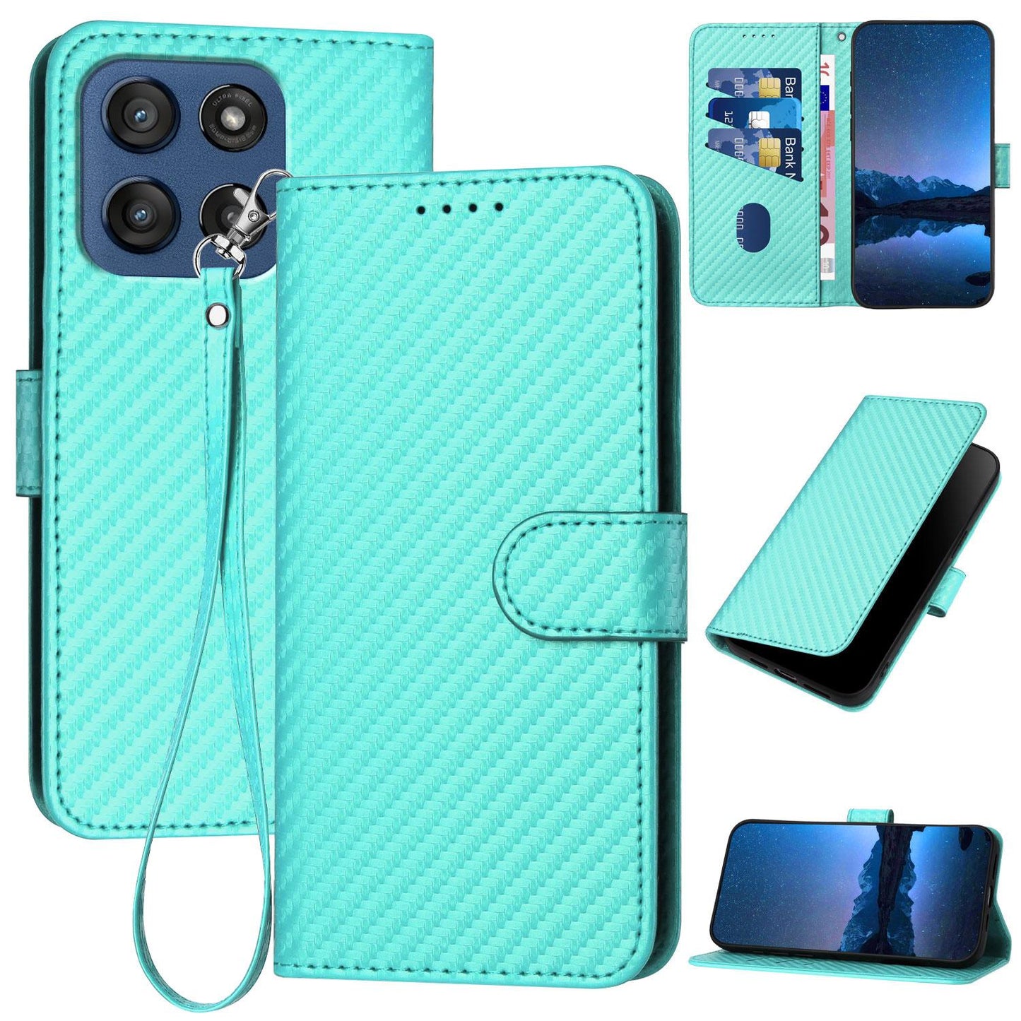 Motorola Edge 60 Carbon Fiber Buckle Leather Phone Case with Lanyard, PU Leather TPU Wallet Cover with Card Slot, Cash Compartment, Stand Function & Scratch Protection