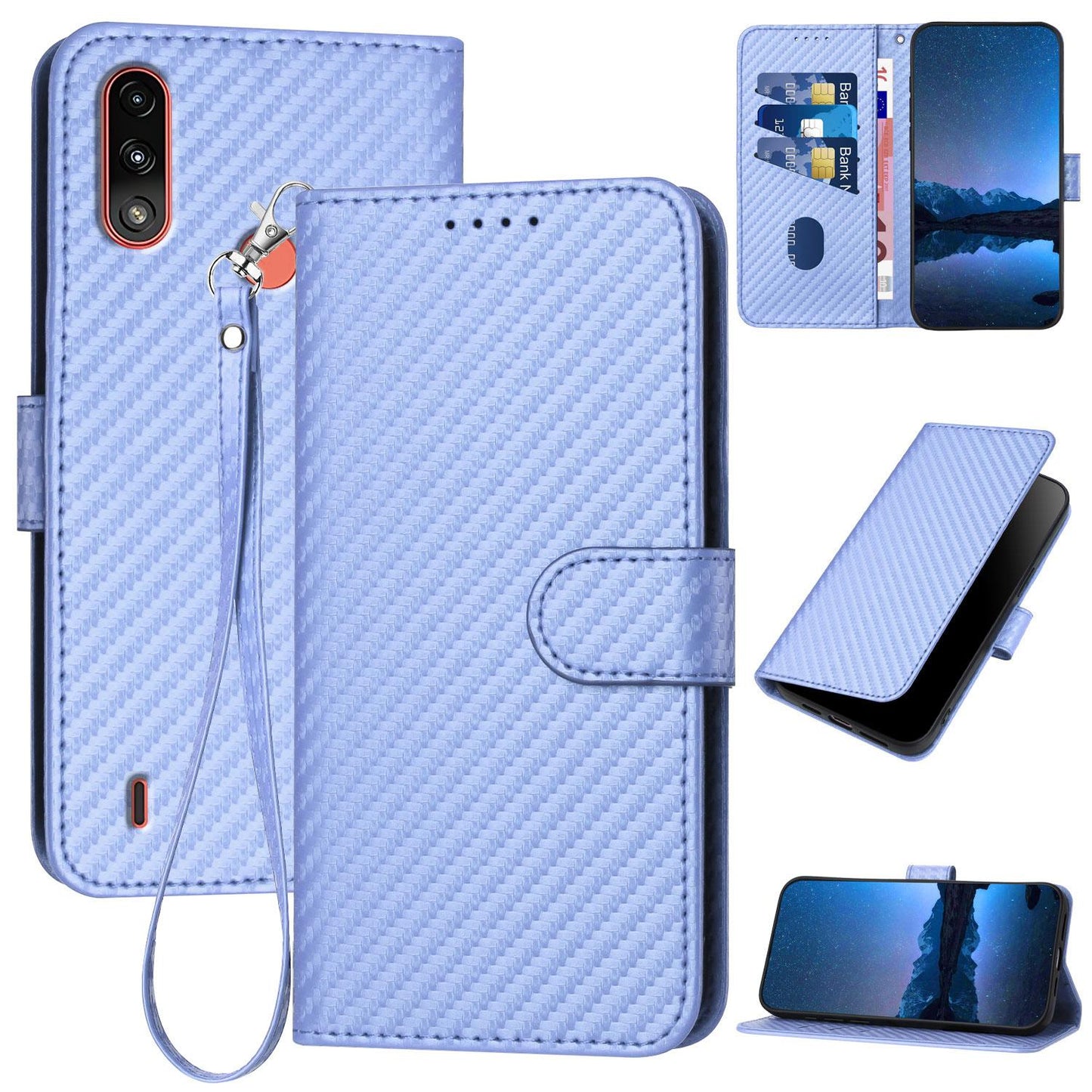 Motorola Moto E7 Power Carbon Fiber Buckle Leather Phone Case with Lanyard, PU Leather TPU Wallet Cover with Card Slot, Cash Compartment, Stand Function & Scratch Protection