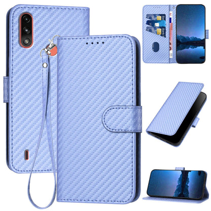 Motorola Moto E7 Power Carbon Fiber Buckle Leather Phone Case with Lanyard, PU Leather TPU Wallet Cover with Card Slot, Cash Compartment, Stand Function & Scratch Protection
