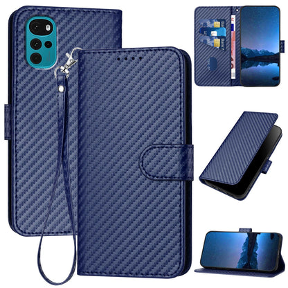 Motorola Moto G22 Carbon Fiber Buckle Leather Phone Case with Lanyard, PU Leather TPU Wallet Cover with Card Slot, Cash Compartment, Stand Function & Scratch Protection