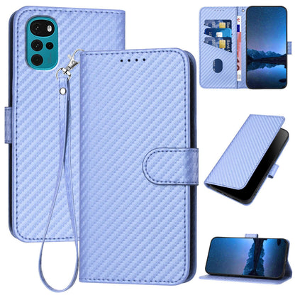 Motorola Moto G22 Carbon Fiber Buckle Leather Phone Case with Lanyard, PU Leather TPU Wallet Cover with Card Slot, Cash Compartment, Stand Function & Scratch Protection