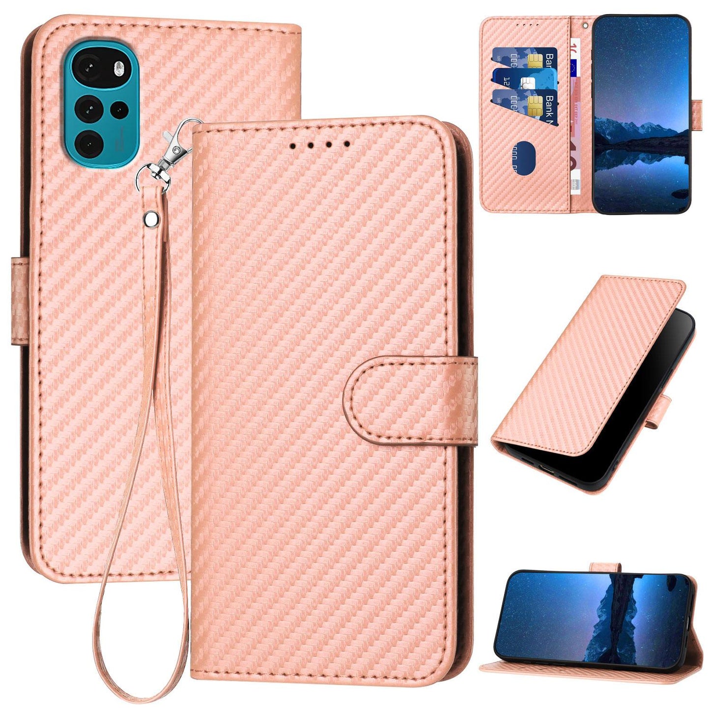 Motorola Moto G22 Carbon Fiber Buckle Leather Phone Case with Lanyard, PU Leather TPU Wallet Cover with Card Slot, Cash Compartment, Stand Function & Scratch Protection
