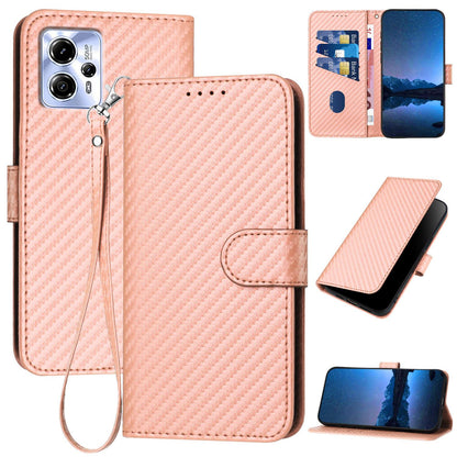 Motorola Moto G23 Carbon Fiber Buckle Leather Phone Case with Lanyard, PU Leather TPU Wallet Cover with Card Slot, Cash Compartment, Stand Function & Scratch Protection