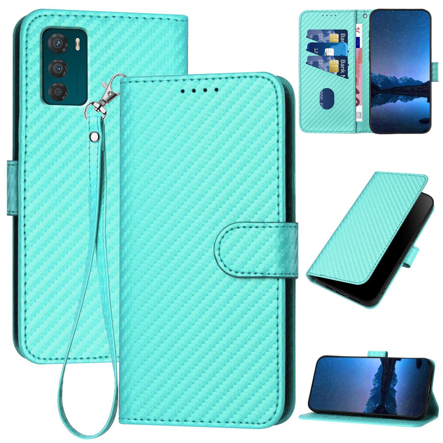 Motorola Moto G42 Carbon Fiber Buckle Leather Phone Case with Lanyard, PU Leather TPU Wallet Cover with Card Slot, Cash Compartment, Stand Function & Scratch Protection