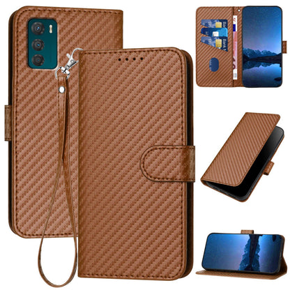 Motorola Moto G42 Carbon Fiber Buckle Leather Phone Case with Lanyard, PU Leather TPU Wallet Cover with Card Slot, Cash Compartment, Stand Function & Scratch Protection