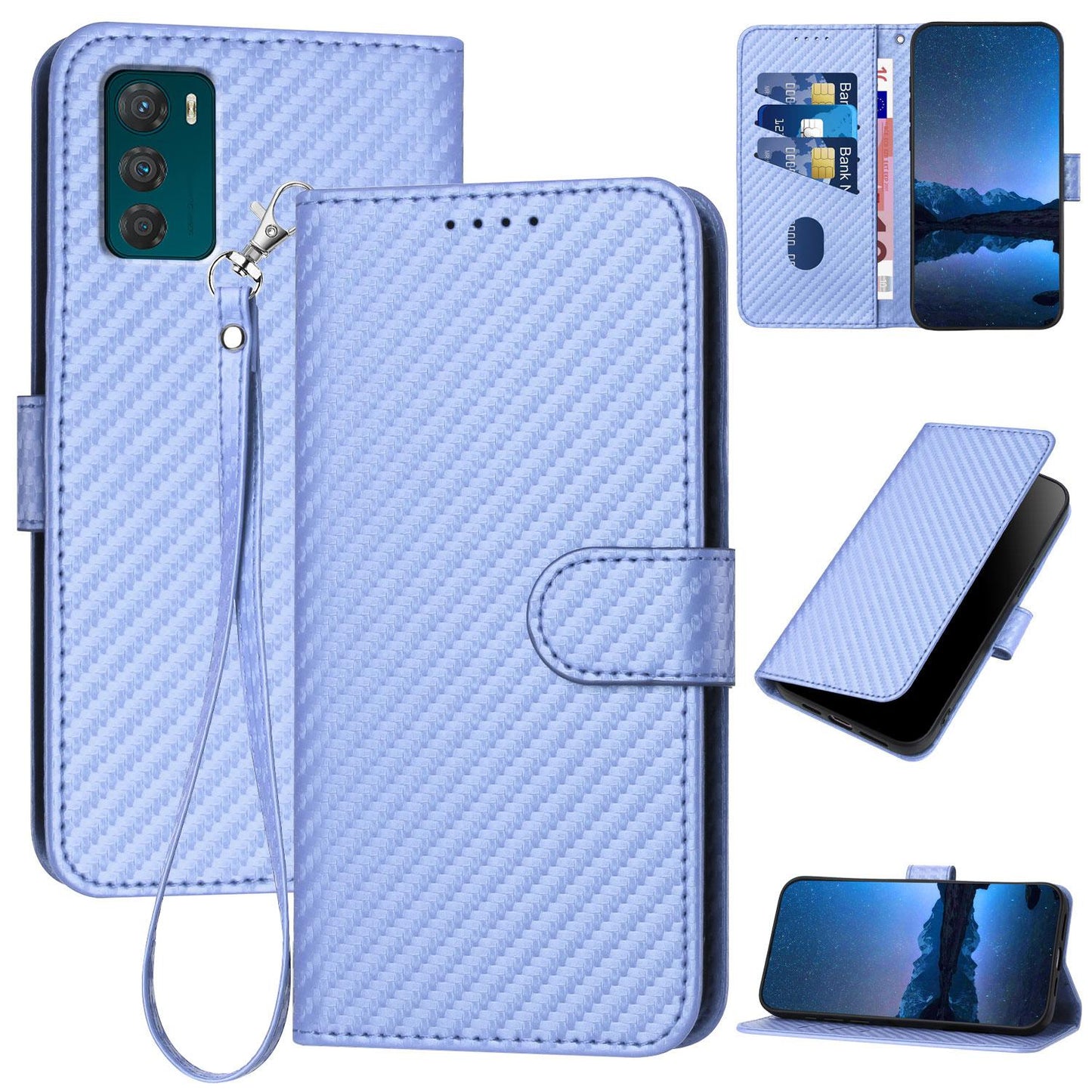 Motorola Moto G42 Carbon Fiber Buckle Leather Phone Case with Lanyard, PU Leather TPU Wallet Cover with Card Slot, Cash Compartment, Stand Function & Scratch Protection