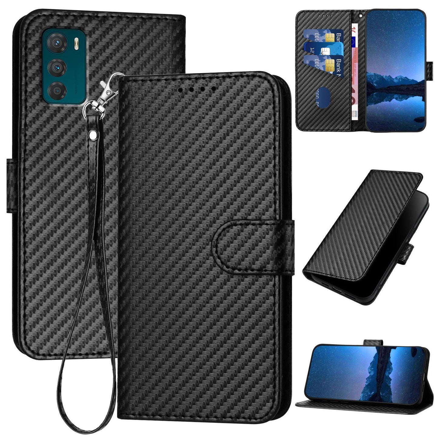 Motorola Moto G42 Carbon Fiber Buckle Leather Phone Case with Lanyard, PU Leather TPU Wallet Cover with Card Slot, Cash Compartment, Stand Function & Scratch Protection
