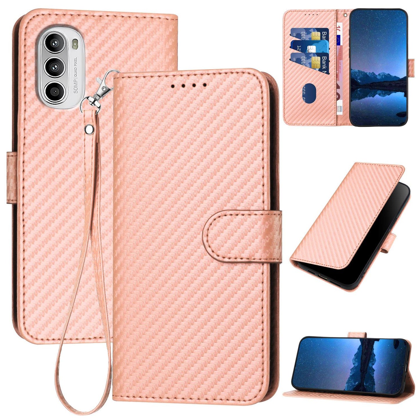Motorola Moto G52 Carbon Fiber Buckle Leather Phone Case with Lanyard, PU Leather TPU Wallet Cover with Card Slot, Cash Compartment, Stand Function & Scratch Protection