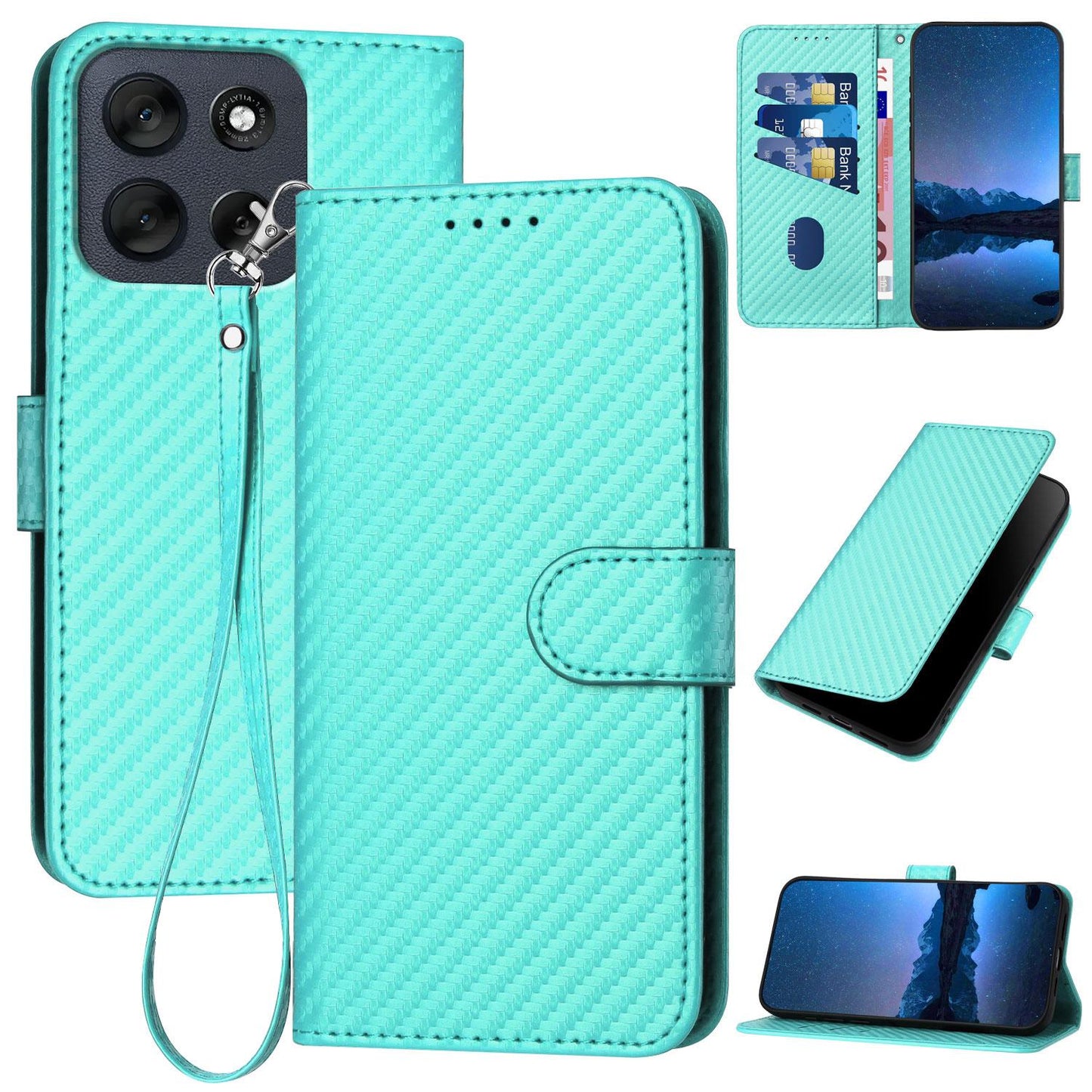 Motorola Moto G56 5G Carbon Fiber Buckle Leather Phone Case with Lanyard, PU Leather TPU Wallet Cover with Card Slot, Cash Compartment, Stand Function & Scratch Protection