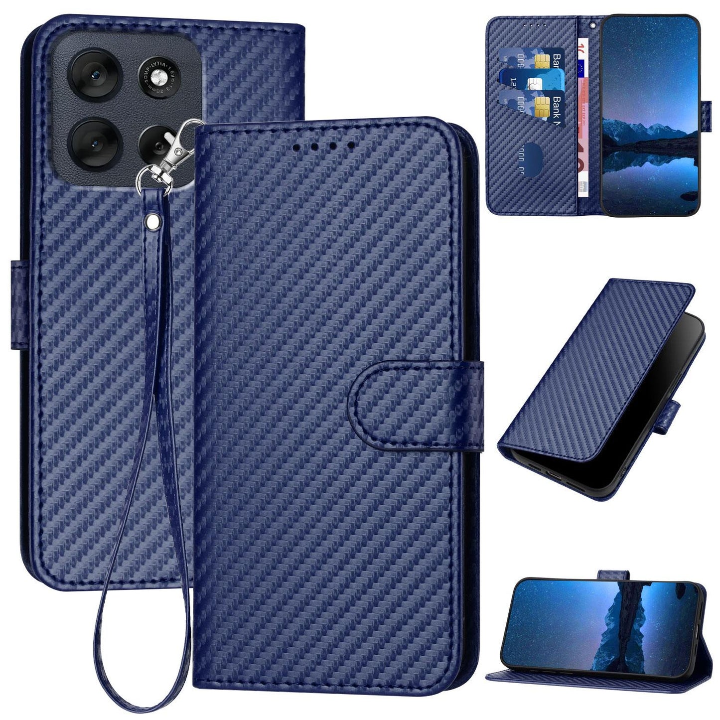 Motorola Moto G56 5G Carbon Fiber Buckle Leather Phone Case with Lanyard, PU Leather TPU Wallet Cover with Card Slot, Cash Compartment, Stand Function & Scratch Protection