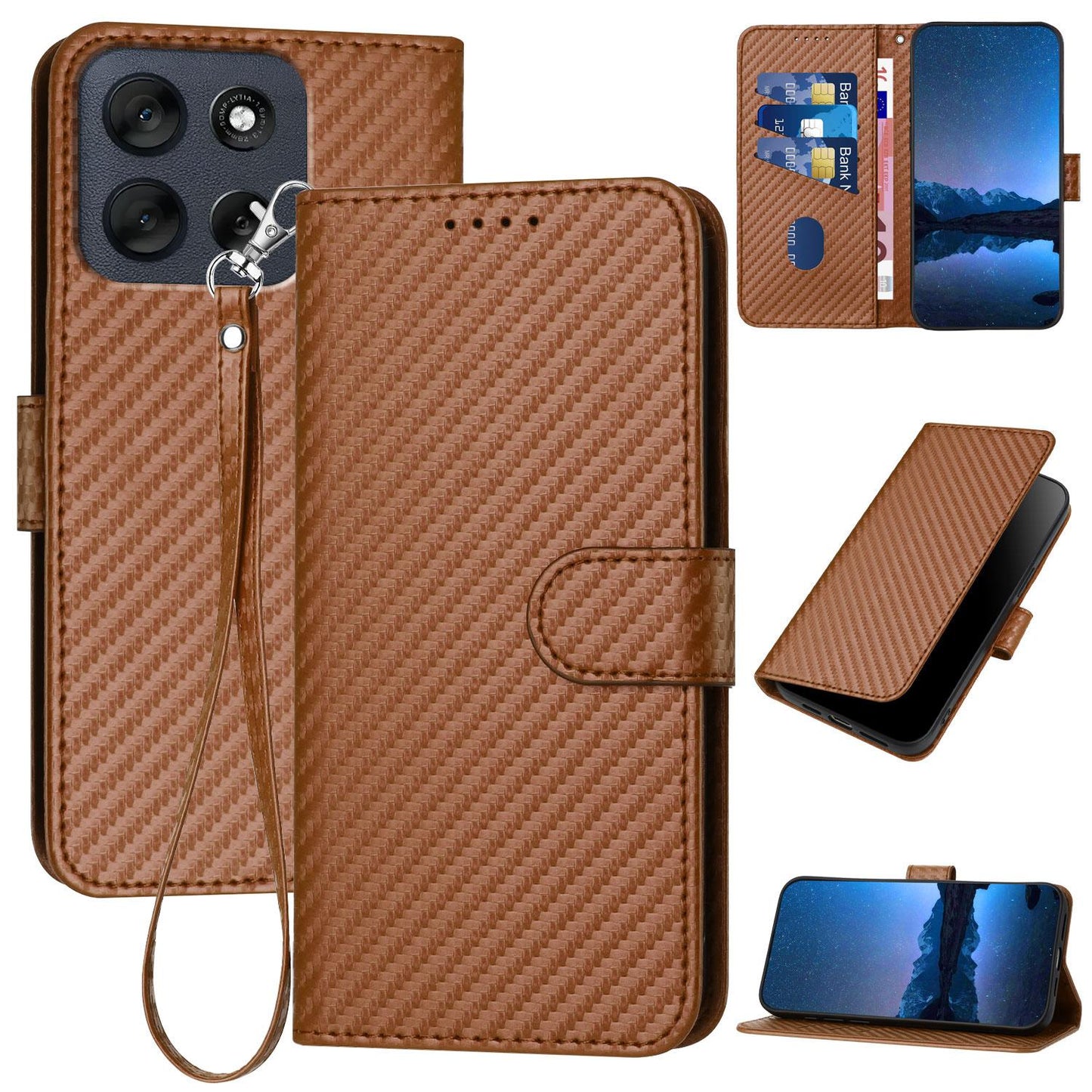 Motorola Moto G56 5G Carbon Fiber Buckle Leather Phone Case with Lanyard, PU Leather TPU Wallet Cover with Card Slot, Cash Compartment, Stand Function & Scratch Protection