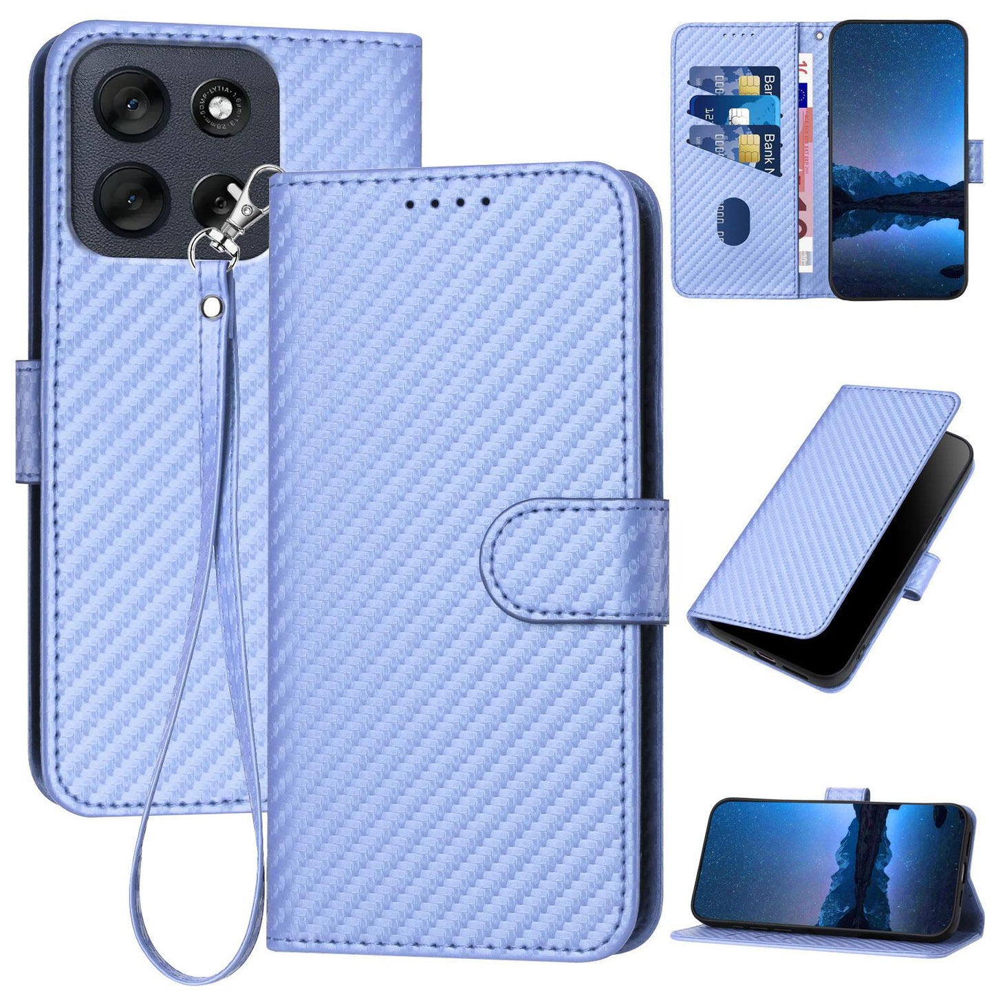 Motorola Moto G56 5G Carbon Fiber Buckle Leather Phone Case with Lanyard, PU Leather TPU Wallet Cover with Card Slot, Cash Compartment, Stand Function & Scratch Protection