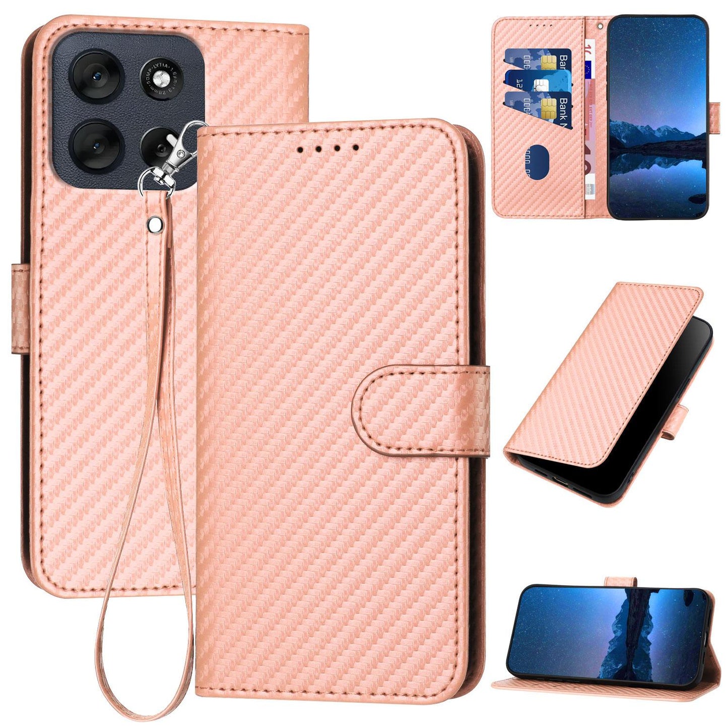 Motorola Moto G56 5G Carbon Fiber Buckle Leather Phone Case with Lanyard, PU Leather TPU Wallet Cover with Card Slot, Cash Compartment, Stand Function & Scratch Protection