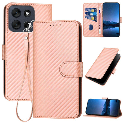 Motorola Moto G56 5G Carbon Fiber Buckle Leather Phone Case with Lanyard, PU Leather TPU Wallet Cover with Card Slot, Cash Compartment, Stand Function & Scratch Protection