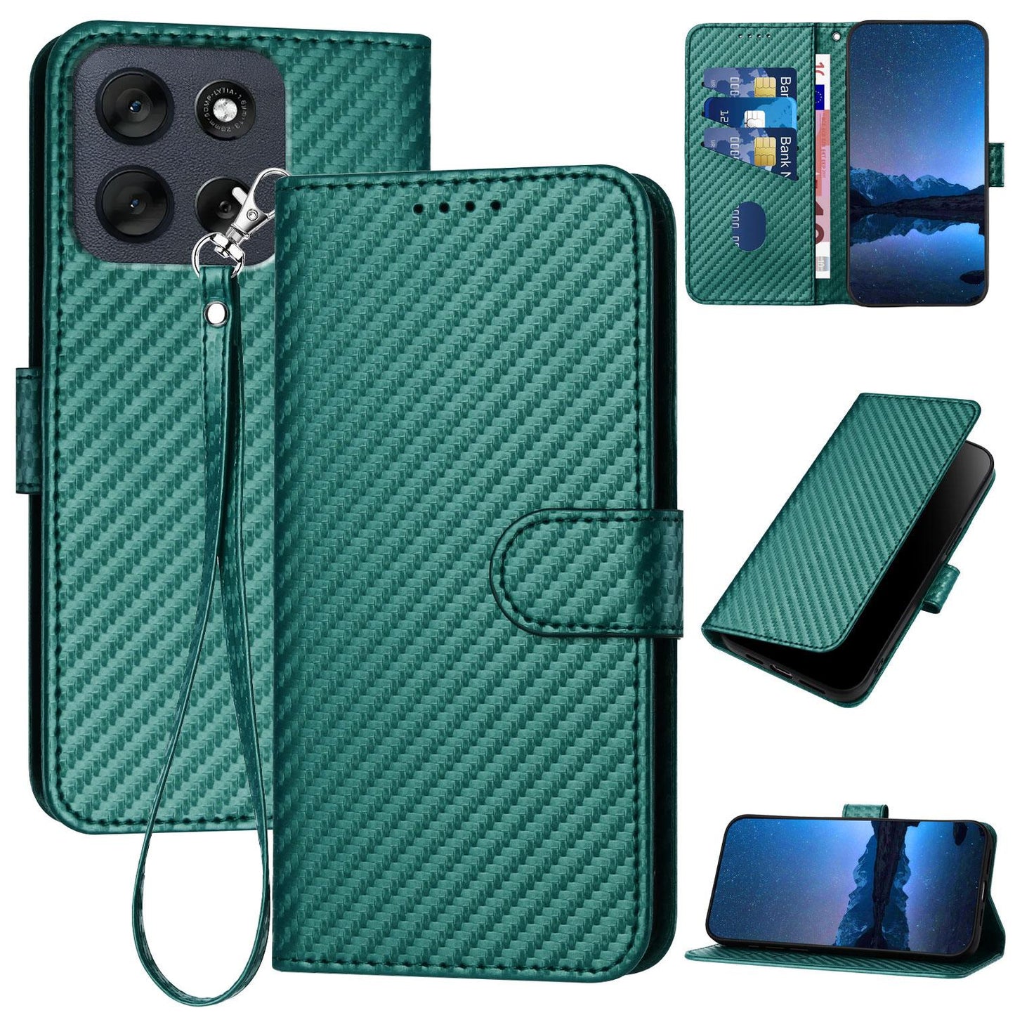 Motorola Moto G56 5G Carbon Fiber Buckle Leather Phone Case with Lanyard, PU Leather TPU Wallet Cover with Card Slot, Cash Compartment, Stand Function & Scratch Protection