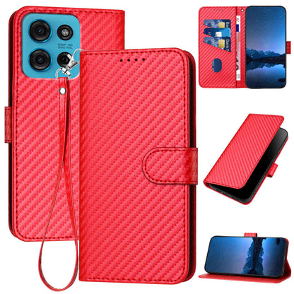 Motorola Moto G75 5G Carbon Fiber Buckle Leather Phone Case with Lanyard, PU Leather TPU Wallet Cover with Card Slot, Cash Compartment, Stand Function & Scratch Protection