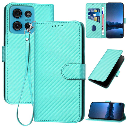 Motorola Moto G75 5G Carbon Fiber Buckle Leather Phone Case with Lanyard, PU Leather TPU Wallet Cover with Card Slot, Cash Compartment, Stand Function & Scratch Protection