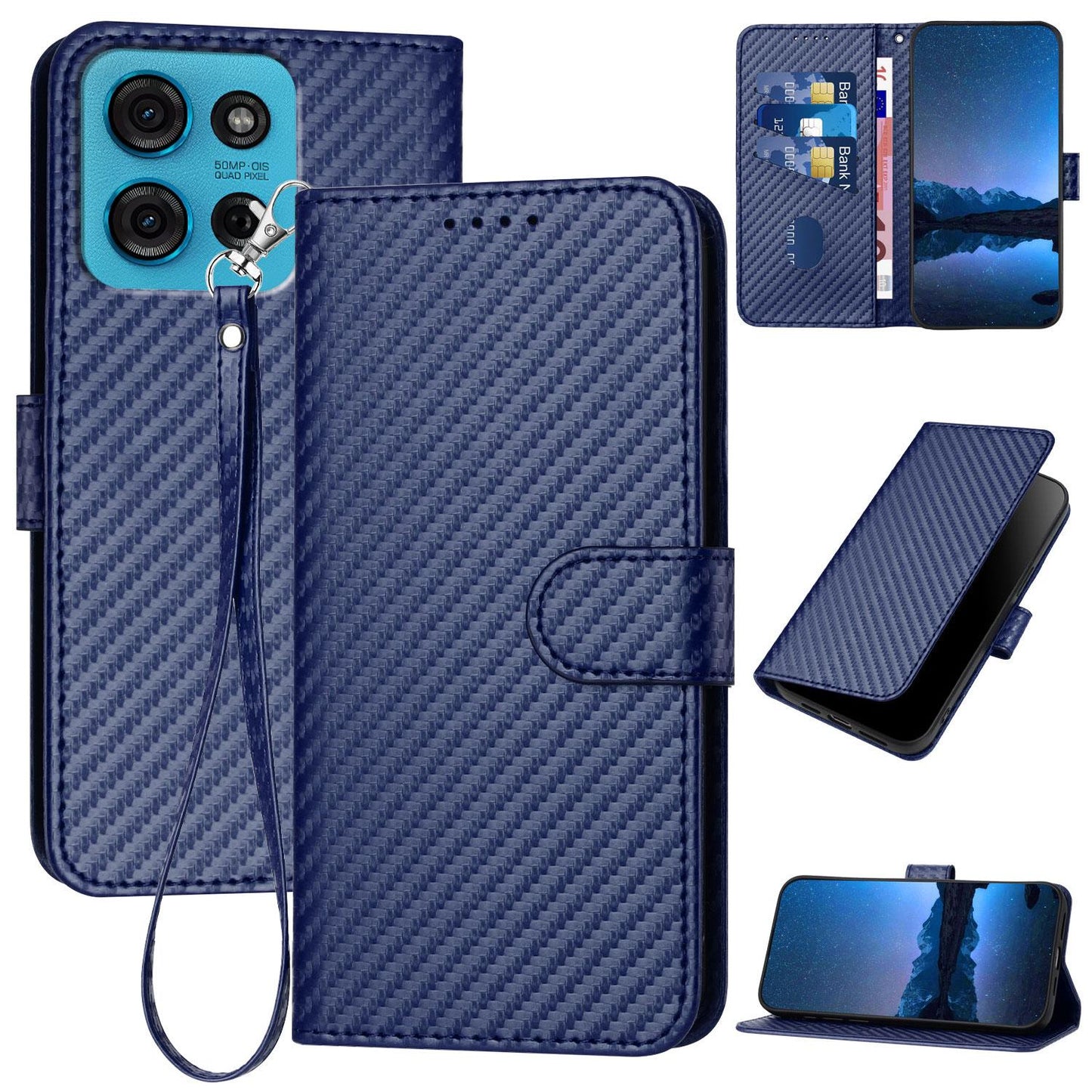 Motorola Moto G75 5G Carbon Fiber Buckle Leather Phone Case with Lanyard, PU Leather TPU Wallet Cover with Card Slot, Cash Compartment, Stand Function & Scratch Protection