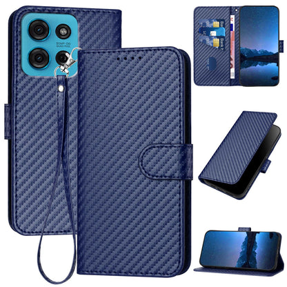 Motorola Moto G75 5G Carbon Fiber Buckle Leather Phone Case with Lanyard, PU Leather TPU Wallet Cover with Card Slot, Cash Compartment, Stand Function & Scratch Protection