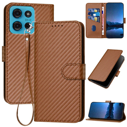 Motorola Moto G75 5G Carbon Fiber Buckle Leather Phone Case with Lanyard, PU Leather TPU Wallet Cover with Card Slot, Cash Compartment, Stand Function & Scratch Protection