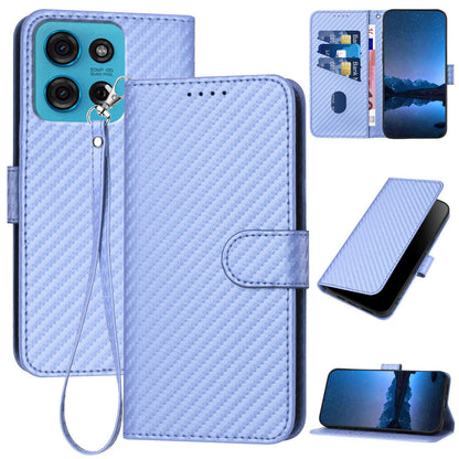 Motorola Moto G75 5G Carbon Fiber Buckle Leather Phone Case with Lanyard, PU Leather TPU Wallet Cover with Card Slot, Cash Compartment, Stand Function & Scratch Protection