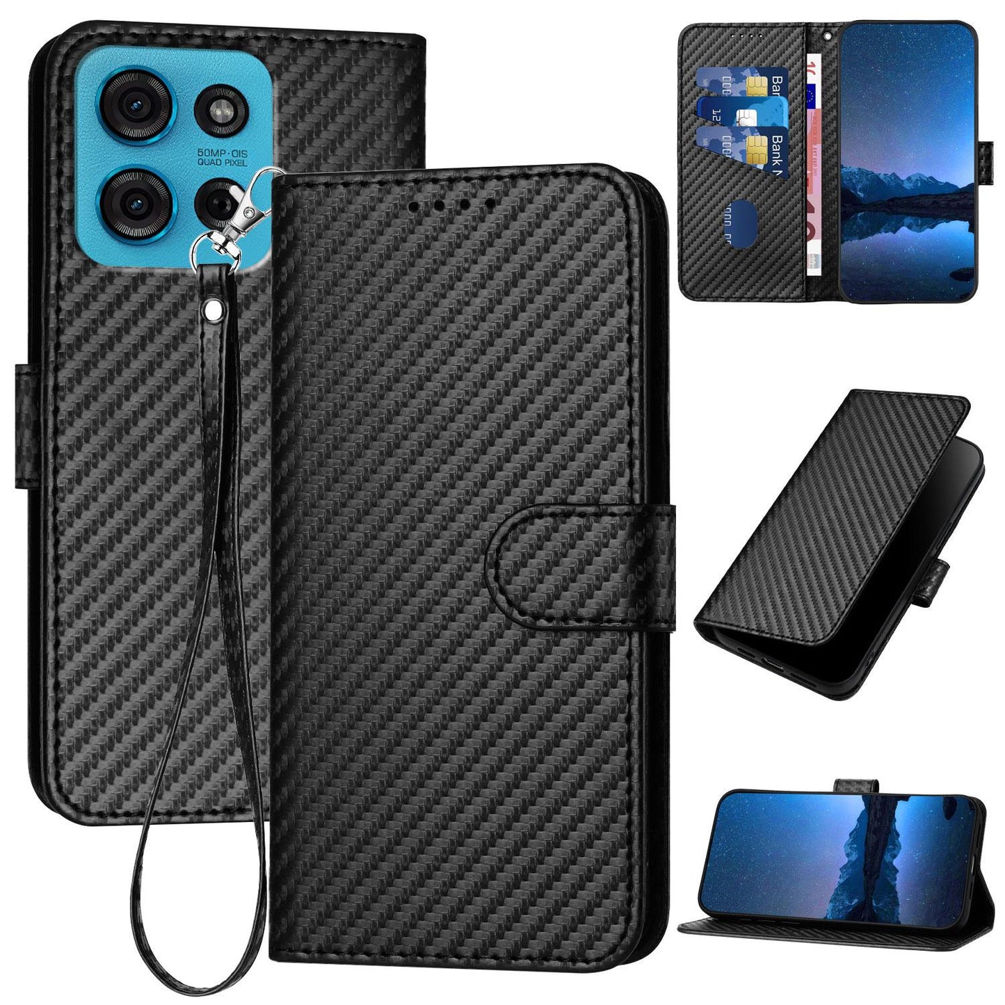 Motorola Moto G75 5G Carbon Fiber Buckle Leather Phone Case with Lanyard, PU Leather TPU Wallet Cover with Card Slot, Cash Compartment, Stand Function & Scratch Protection