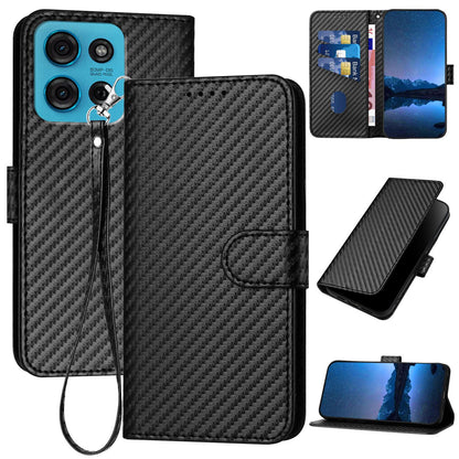 Motorola Moto G75 5G Carbon Fiber Buckle Leather Phone Case with Lanyard, PU Leather TPU Wallet Cover with Card Slot, Cash Compartment, Stand Function & Scratch Protection