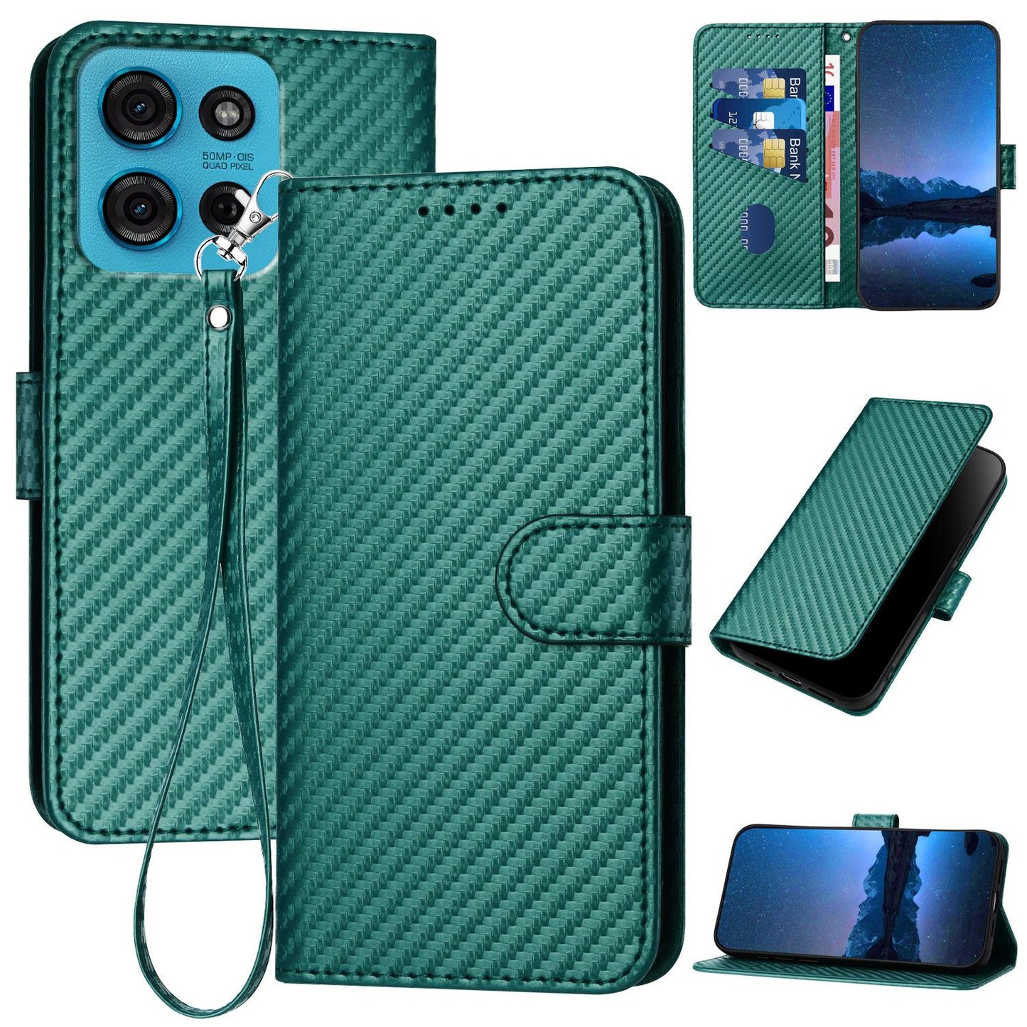 Motorola Moto G75 5G Carbon Fiber Buckle Leather Phone Case with Lanyard, PU Leather TPU Wallet Cover with Card Slot, Cash Compartment, Stand Function & Scratch Protection
