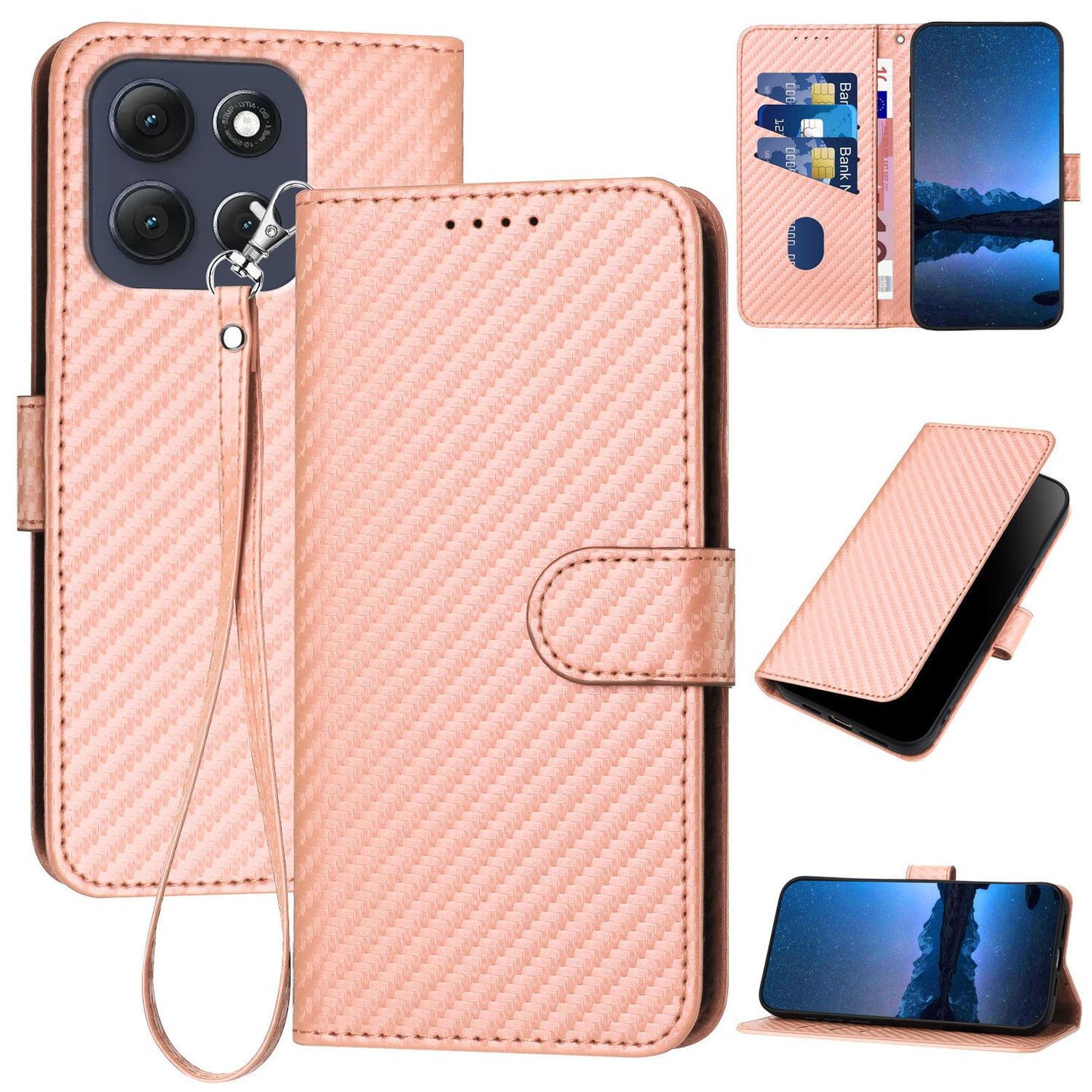 Motorola Moto G86 Power Carbon Fiber Buckle Leather Phone Case with Lanyard, PU Leather TPU Wallet Cover with Card Slot, Cash Compartment, Stand Function & Scratch Protection