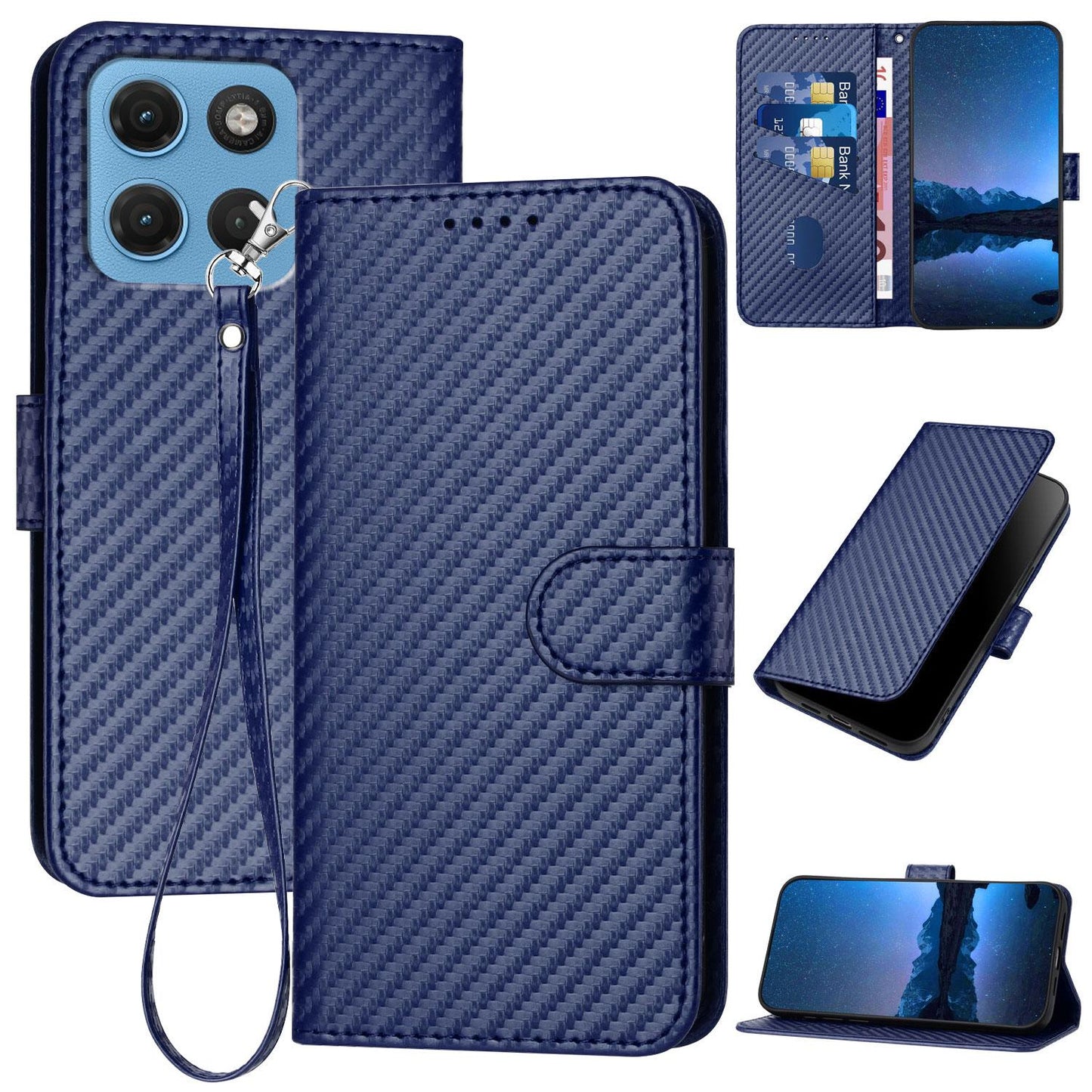 Motorola Moto G17 4G Carbon Fiber Buckle Leather Phone Case with Lanyard, PU Leather TPU Wallet Cover with Card Slot, Cash Compartment, Stand Function & Scratch Protection