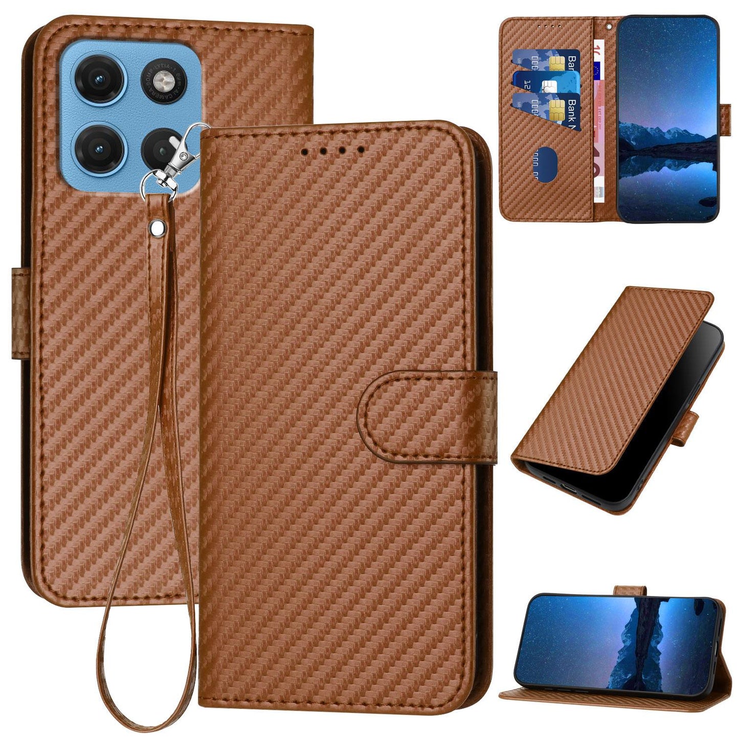 Motorola Moto G17 4G Carbon Fiber Buckle Leather Phone Case with Lanyard, PU Leather TPU Wallet Cover with Card Slot, Cash Compartment, Stand Function & Scratch Protection
