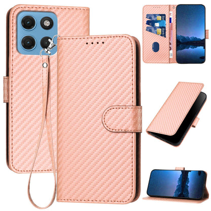 Motorola Moto G17 4G Carbon Fiber Buckle Leather Phone Case with Lanyard, PU Leather TPU Wallet Cover with Card Slot, Cash Compartment, Stand Function & Scratch Protection