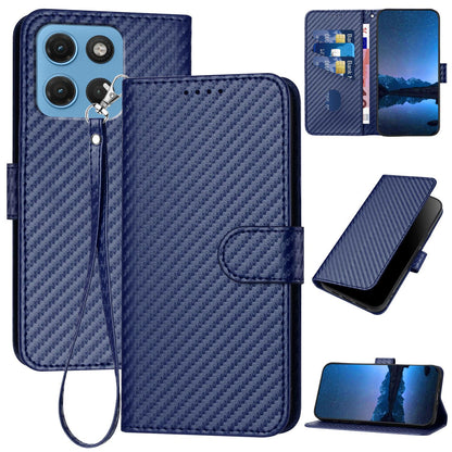 Motorola Moto G67 5G Carbon Fiber Buckle Leather Phone Case with Lanyard, PU Leather TPU Wallet Cover with Card Slot, Cash Compartment, Stand Function & Scratch Protection