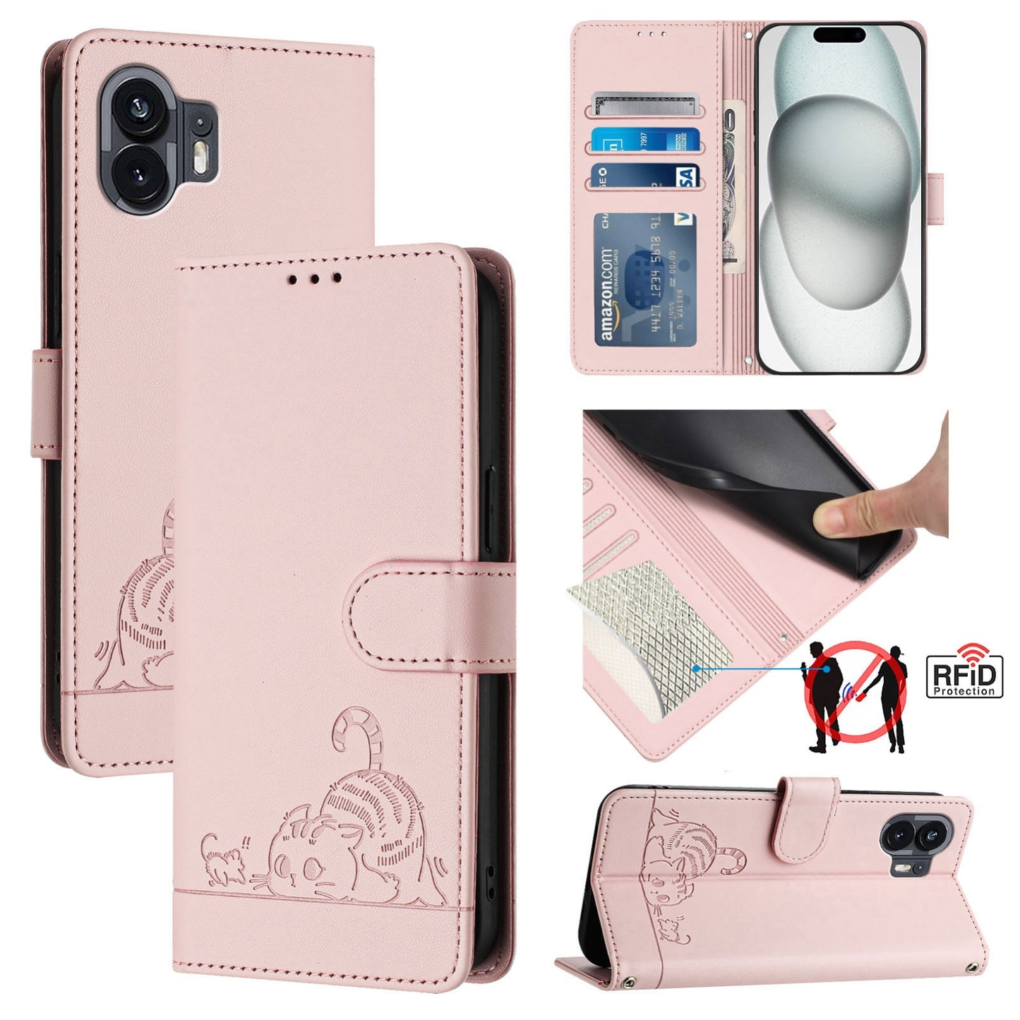 Nothing Phone 2A Cat & Rat Embossed RFID Leather Case, Lanyard, Wallet, Card Slots, Kickstand, Anti-Fall, Scratch-Resistant