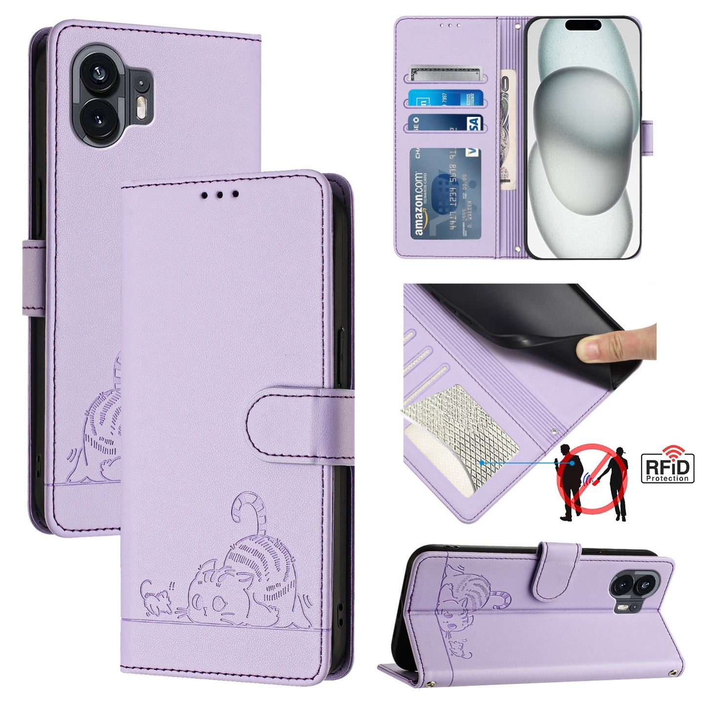 Nothing Phone 2A Cat & Rat Embossed RFID Leather Case, Lanyard, Wallet, Card Slots, Kickstand, Anti-Fall, Scratch-Resistant