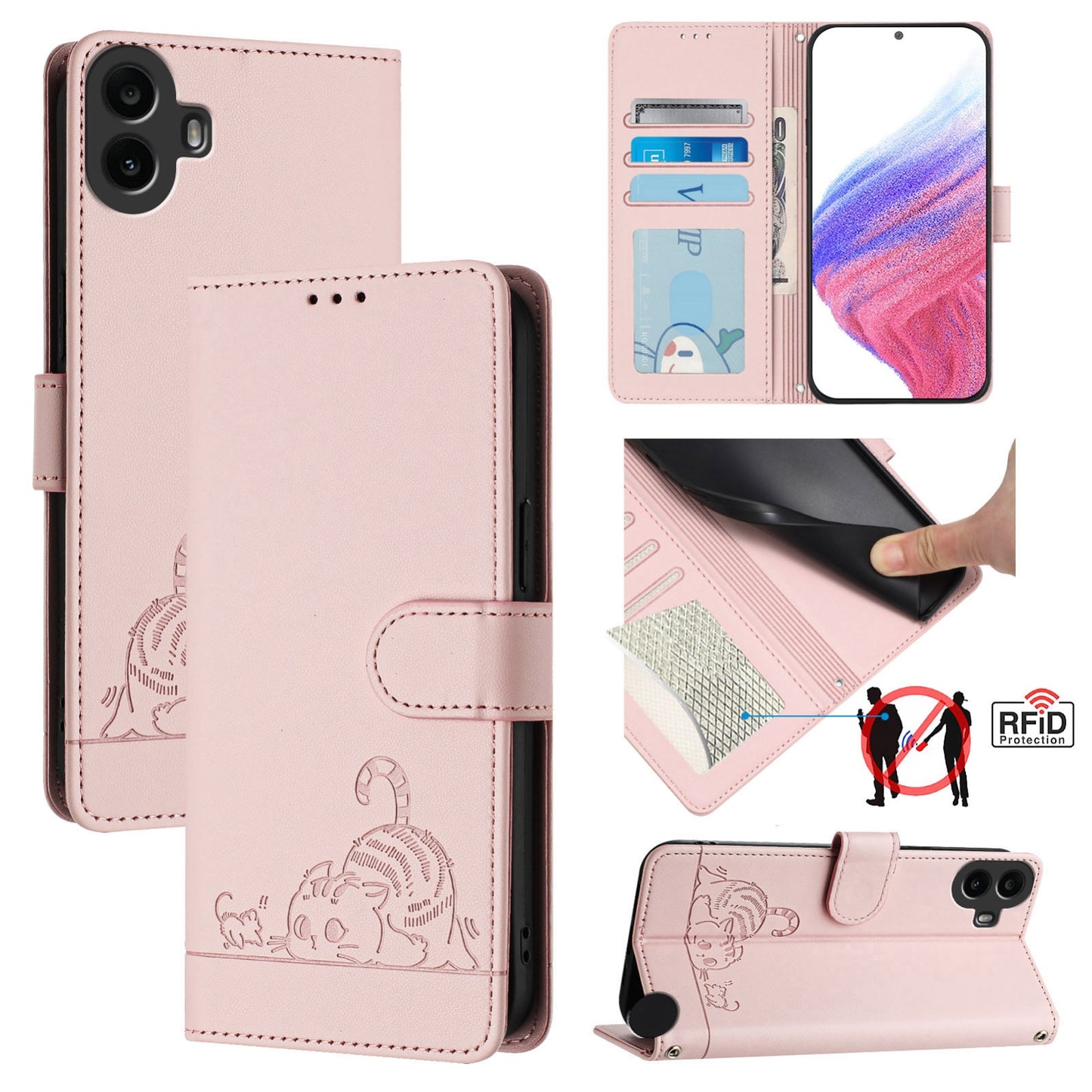 Nothing CMF Phone 1 Cat & Rat Embossed RFID Leather Case, Lanyard, Wallet, Card Slots, Kickstand, Anti-Fall, Scratch-Resistant