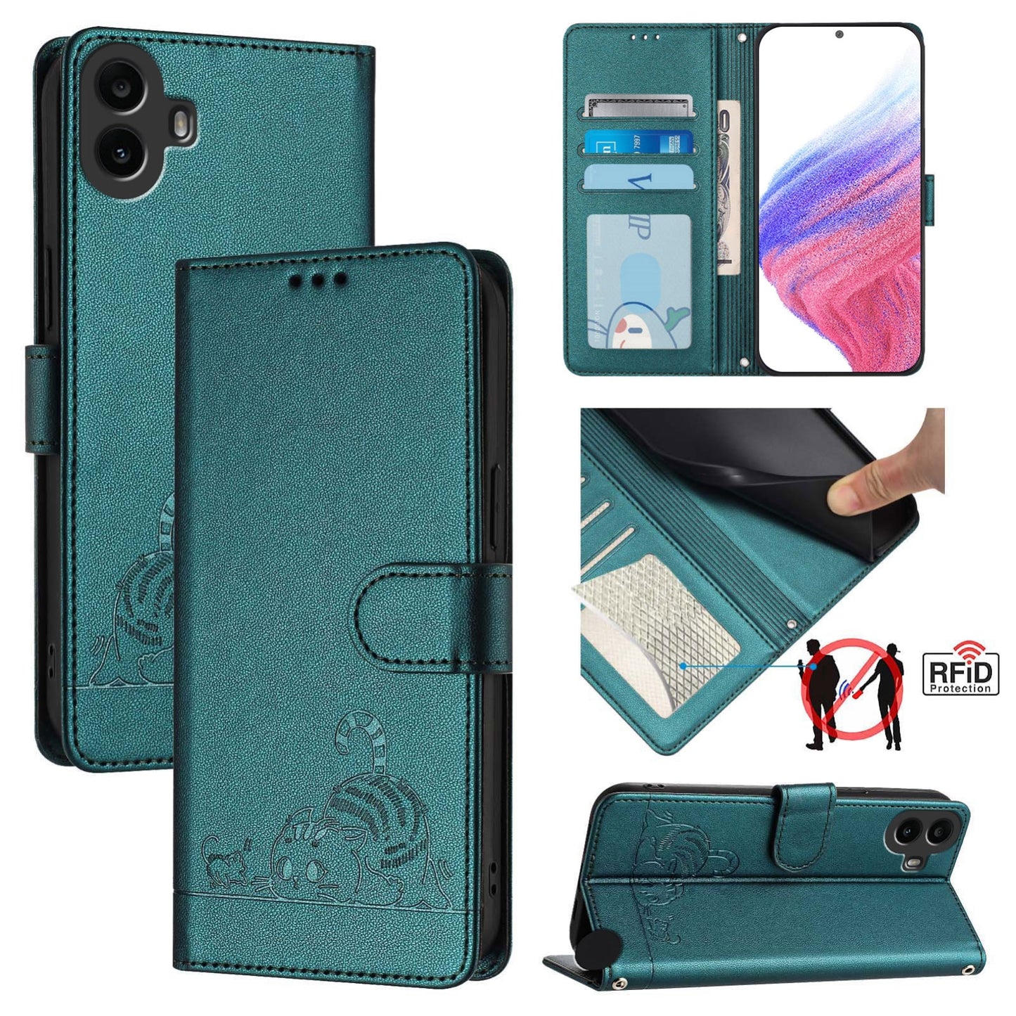 Nothing CMF Phone 1 Cat & Rat Embossed RFID Leather Case, Lanyard, Wallet, Card Slots, Kickstand, Anti-Fall, Scratch-Resistant