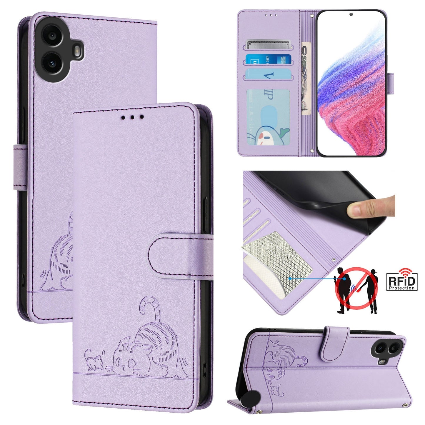 Nothing CMF Phone 1 Cat & Rat Embossed RFID Leather Case, Lanyard, Wallet, Card Slots, Kickstand, Anti-Fall, Scratch-Resistant