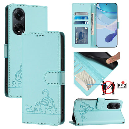 OPPO A98 5G Cat & Rat Embossed RFID Leather Case, Lanyard, Wallet, Card Slots, Kickstand, Anti-Fall, Scratch-Resistant