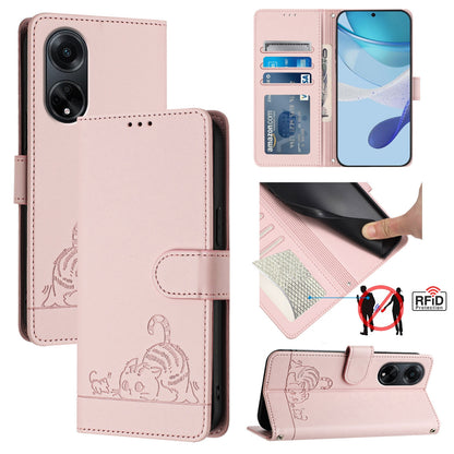 OPPO A98 5G Cat & Rat Embossed RFID Leather Case, Lanyard, Wallet, Card Slots, Kickstand, Anti-Fall, Scratch-Resistant