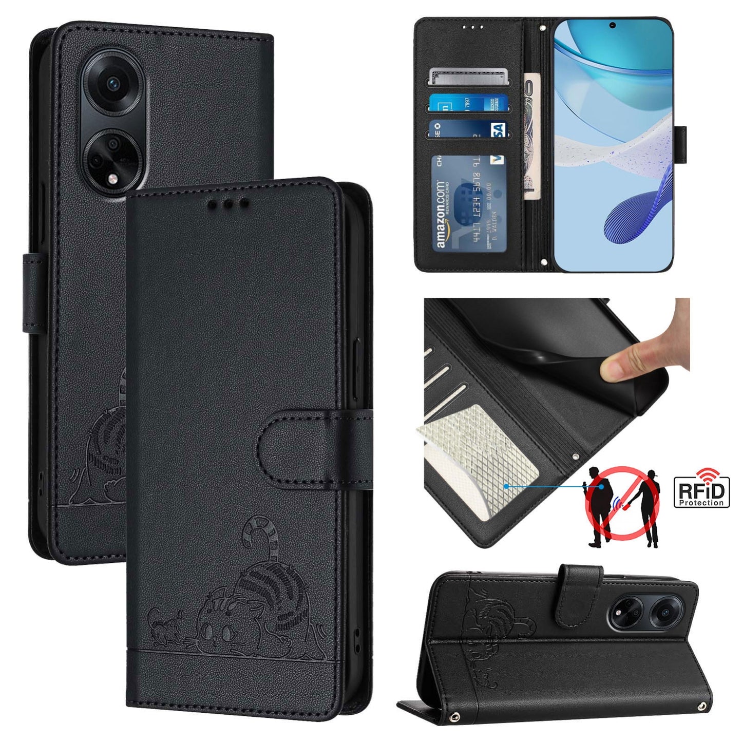 OPPO A98 5G Cat & Rat Embossed RFID Leather Case, Lanyard, Wallet, Card Slots, Kickstand, Anti-Fall, Scratch-Resistant