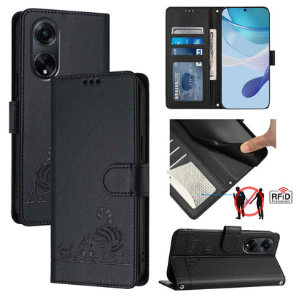 OPPO F23 5G India Cat & Rat Embossed RFID Leather Case, Lanyard, Wallet, Card Slots, Kickstand, Anti-Fall, Scratch-Resistant