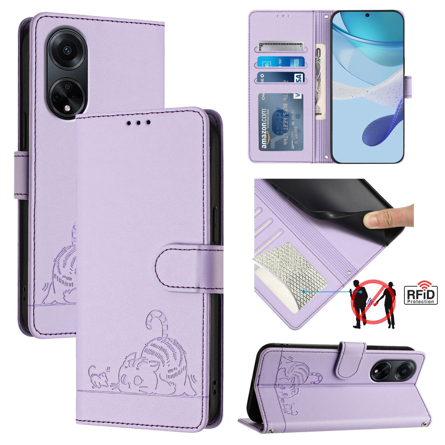OPPO A98 5G Cat & Rat Embossed RFID Leather Case, Lanyard, Wallet, Card Slots, Kickstand, Anti-Fall, Scratch-Resistant