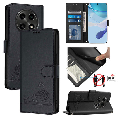 OPPO A2 Pro 5G Cat & Rat Embossed RFID Leather Case, Lanyard, Wallet, Card Slots, Kickstand, Anti-Fall, Scratch-Resistant