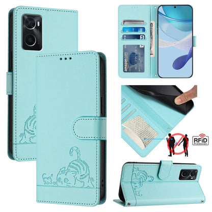 OPPO A76 4G Cat & Rat Embossed RFID Leather Case, Lanyard, Wallet, Card Slots, Kickstand, Anti-Fall, Scratch-Resistant
