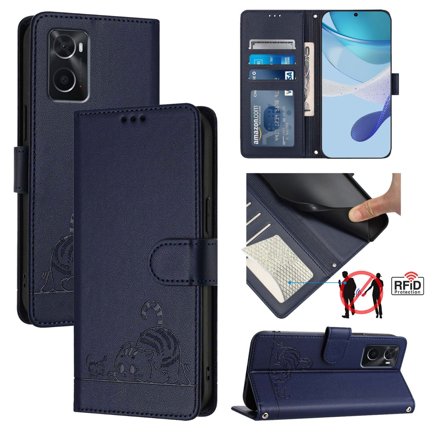 OPPO A76 4G Cat & Rat Embossed RFID Leather Case, Lanyard, Wallet, Card Slots, Kickstand, Anti-Fall, Scratch-Resistant