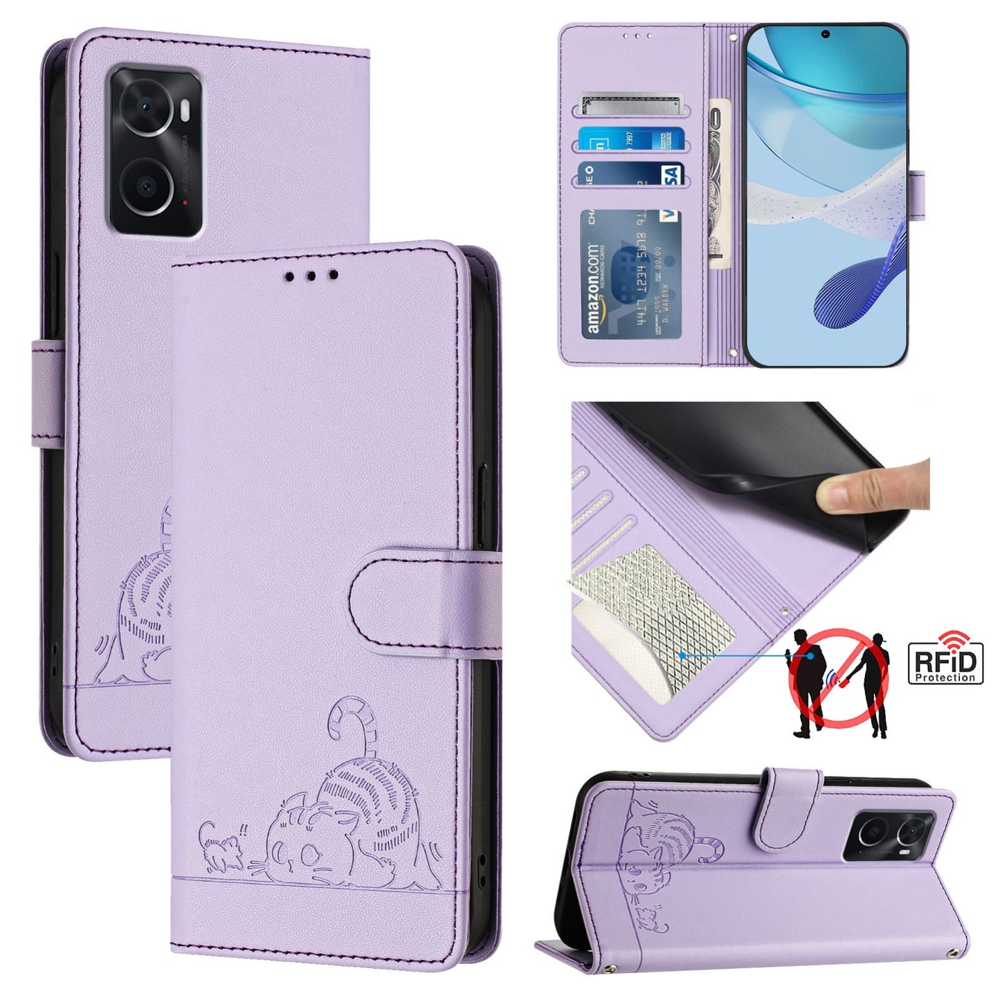 OPPO A76 4G Cat & Rat Embossed RFID Leather Case, Lanyard, Wallet, Card Slots, Kickstand, Anti-Fall, Scratch-Resistant
