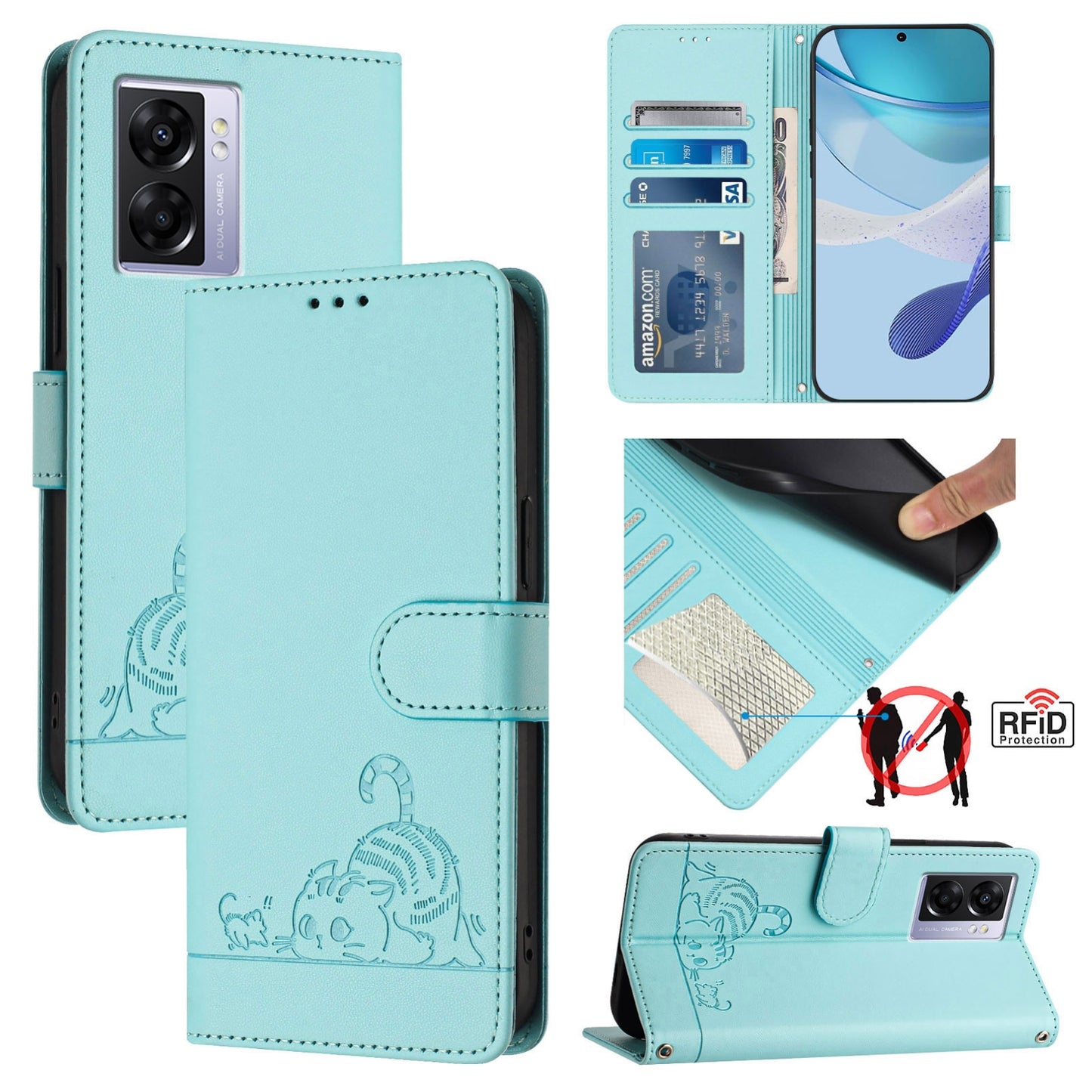 OPPO A97 5G Cat & Rat Embossed RFID Leather Case, Lanyard, Wallet, Card Slots, Kickstand, Anti-Fall, Scratch-Resistant