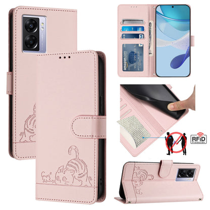 OPPO A97 5G Cat & Rat Embossed RFID Leather Case, Lanyard, Wallet, Card Slots, Kickstand, Anti-Fall, Scratch-Resistant