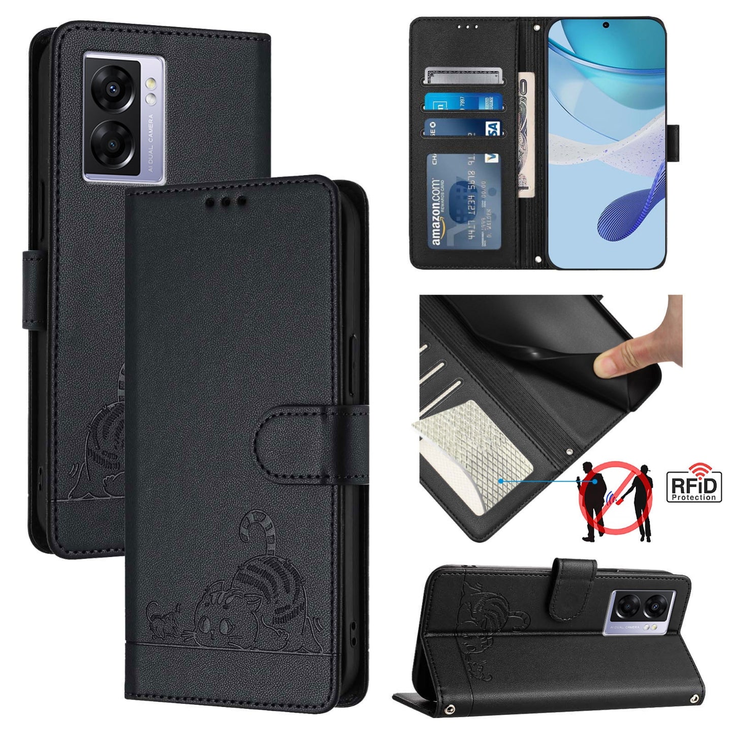 OPPO A77 5G Cat & Rat Embossed RFID Leather Case, Lanyard, Wallet, Card Slots, Kickstand, Anti-Fall, Scratch-Resistant